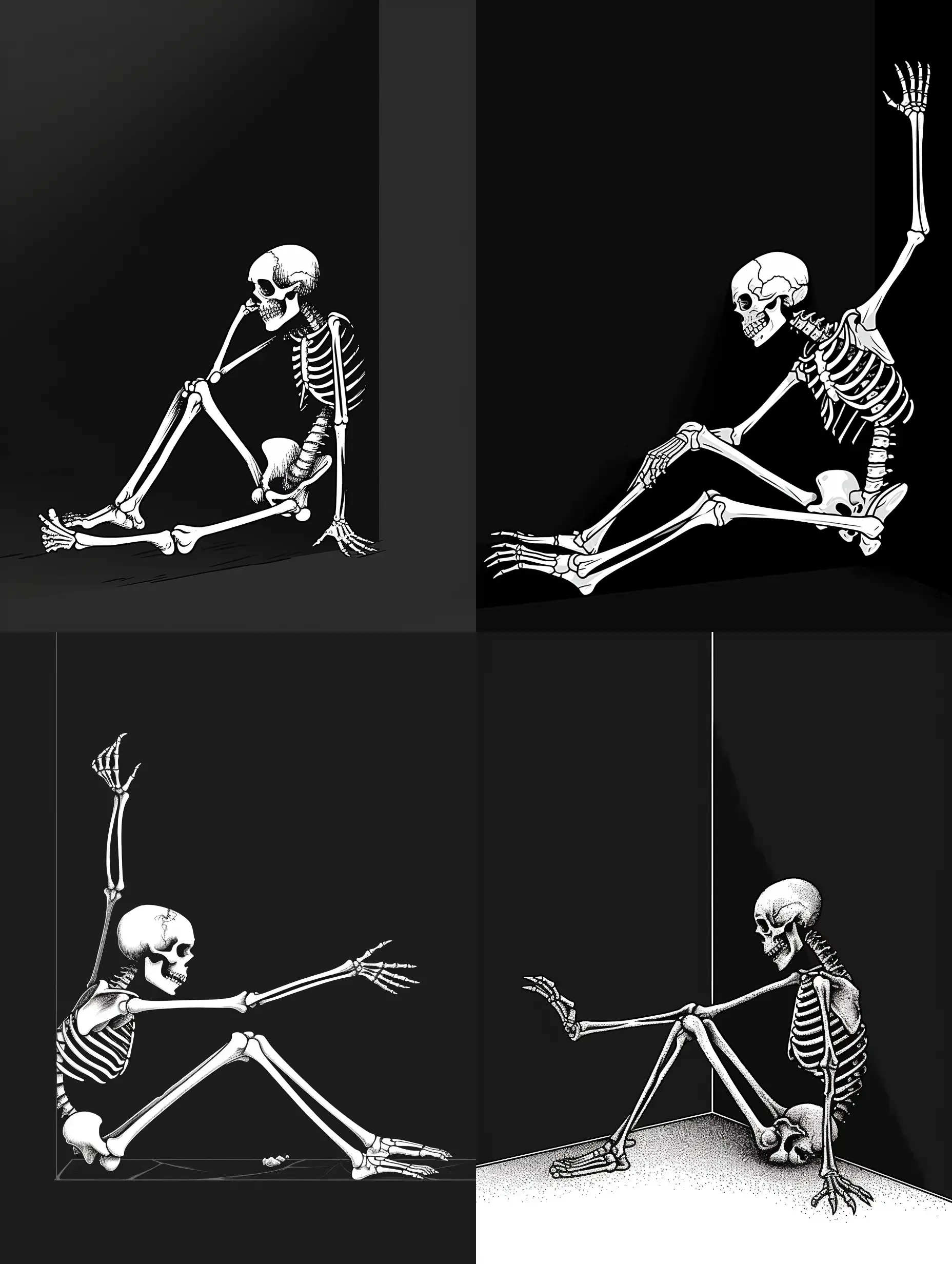 logo, minimalistic, deadman in full length who sits on the invisible floor, leaning against the wall, sad, side view, pinned in a corner, huddled in a corner out of fear, afraid and stretches out his hands, bones, skeleton, black background