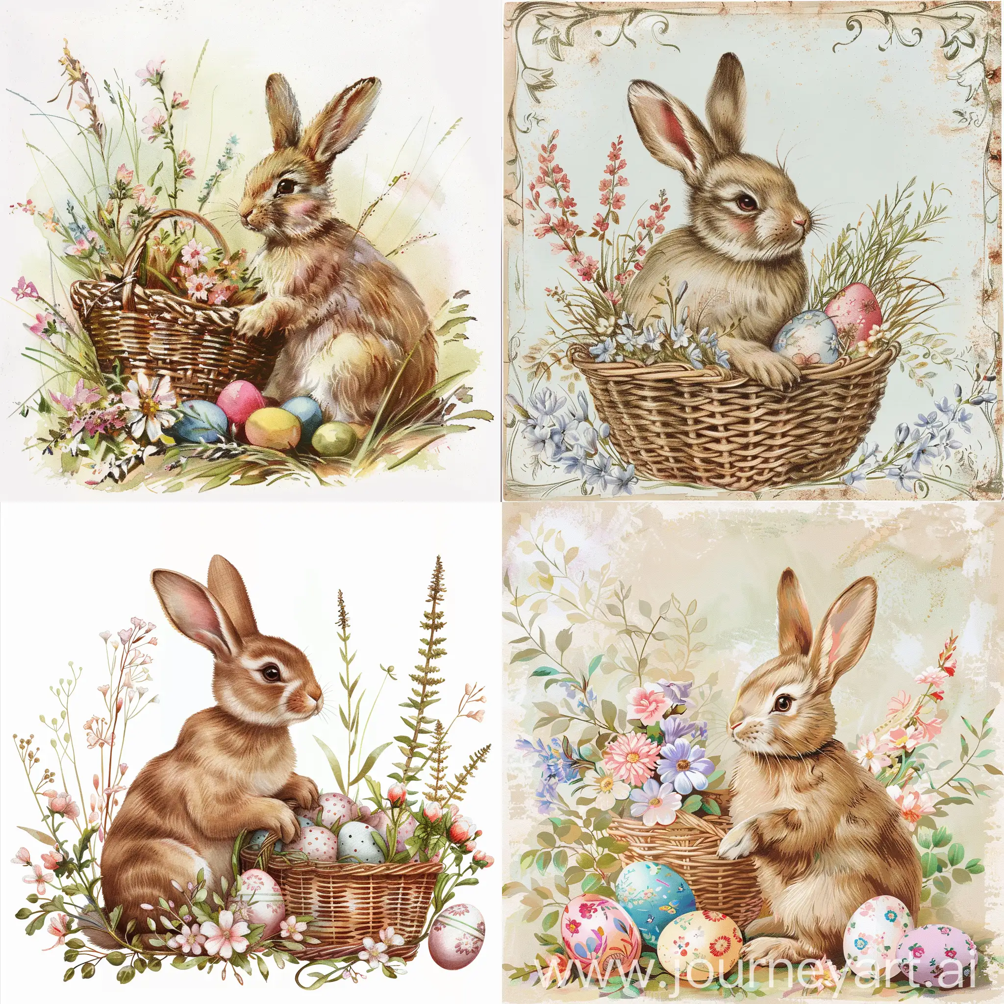 Adorable-Easter-Bunny-with-Floral-Egg-Basket-Vintage-Wall-Art