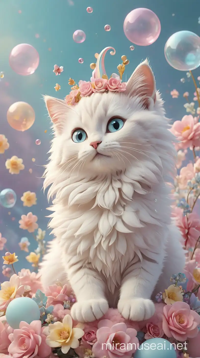 A whimsical and enchanting 3D illustration featuring the name "Cire" in elegant pastel colors. The focal point is a charming baby cat, adorned with a delicate headpiece of vibrant flowers, gracefully floating on a fluffy, cotton candy-like cloud. The background is filled with a plethora of bubbles, adorable flowers, twinkling stars, and playful ribbons. The scene exudes a magical charm with its harmonious blend of colors, shapes, and textures. The overall atmosphere is captivating and enchanting, creating an ideal setting for a child's bedroom or a fairytale-inspired design.