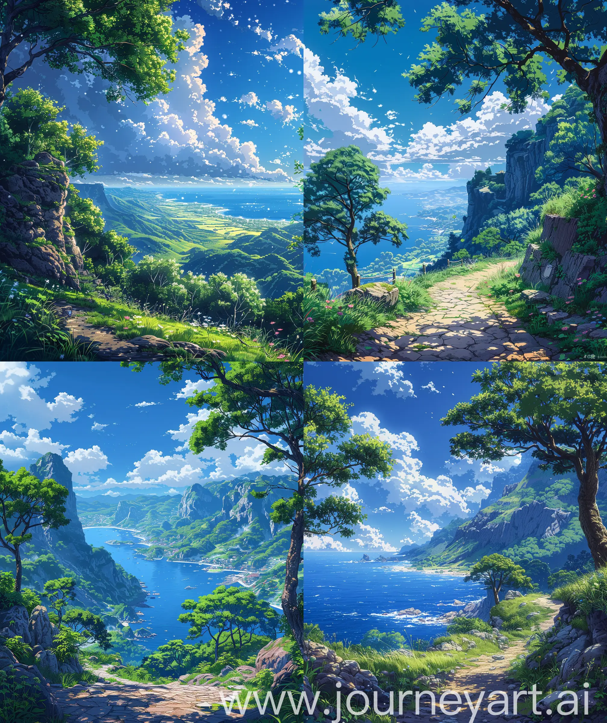 Beautiful anime scenary, mokoto shinkai style,
a beautiful summer time, "verious places of earth's nature scenaries ", anime style different places with quite and calm view, beautiful blue sky, morning time, illustration ultra HD, high quality, sharp details, no blurry, no hyperrealistic --ar 27:32 --s 600