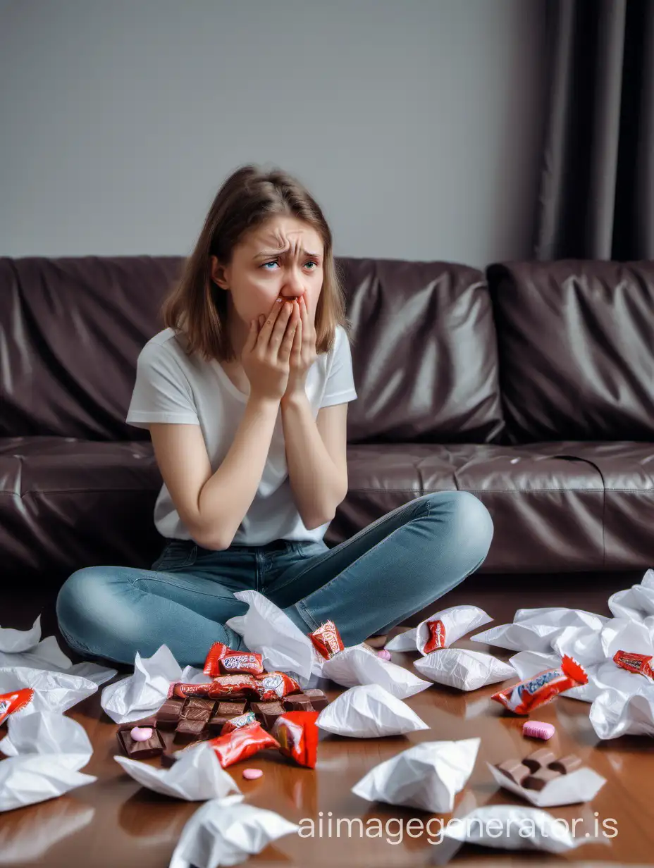 Photograph, realistic photo, medium shot, girl sitting on the couch, girl is upset, scattered around are crumpled paper napkins and wrappers from chocolates and candies, girl is suffering because of her ex-boyfriend