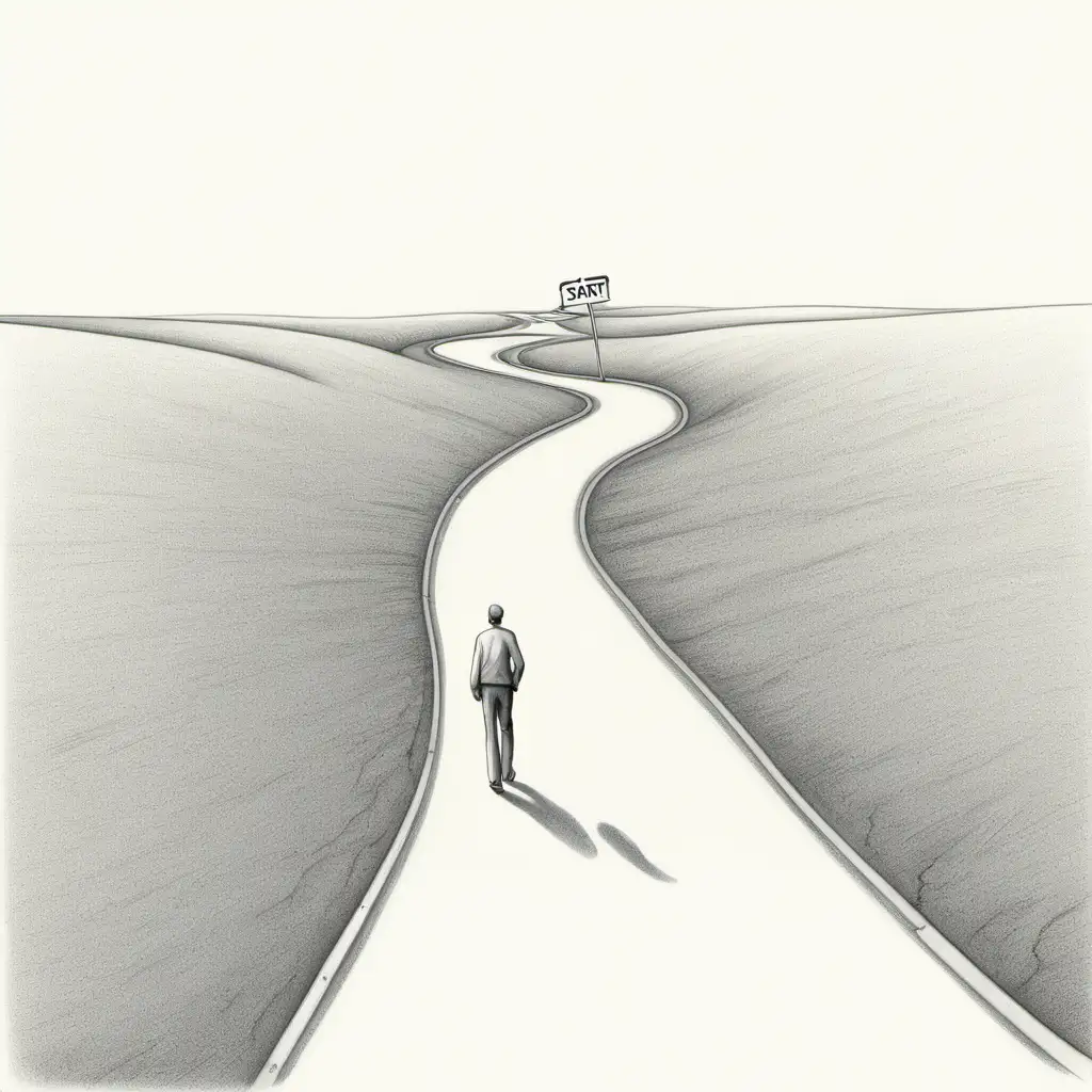 Drawing of a long winding road disappearing into the distance. A sign with the "START" and a man walking on the road.