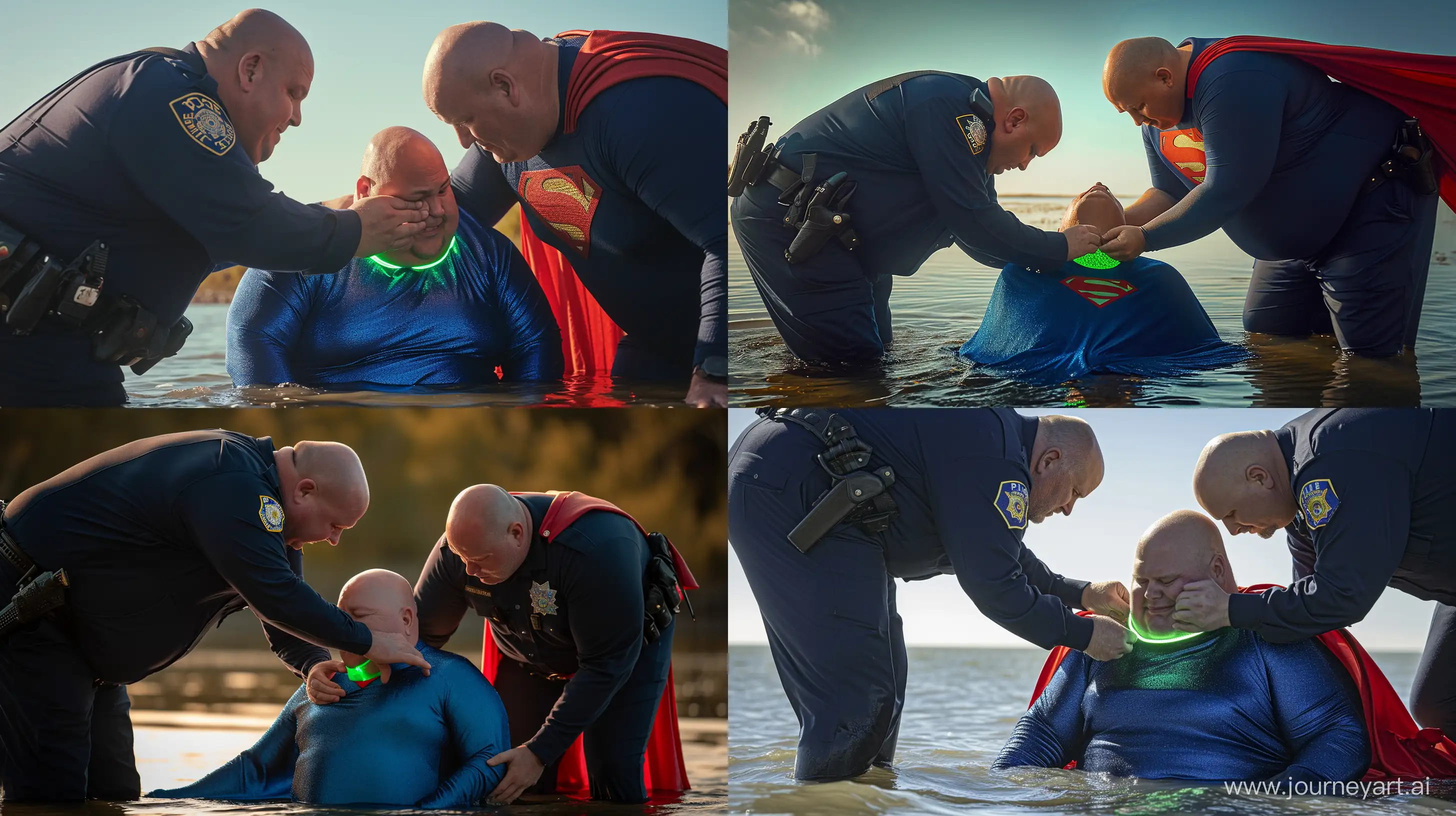 Highly detailed close-up photo of two chubby man aged 60 wearing a long-sleeved navy police uniform, bending over and tightening a green glowing small short dog collar on the neck of another chubby man aged 60 sitting in the water and wearing a blue silky superman costume with a large red cape. Outside. Studio light. Bald. Clean Shaven. --style raw --ar 16:9 --v 6
