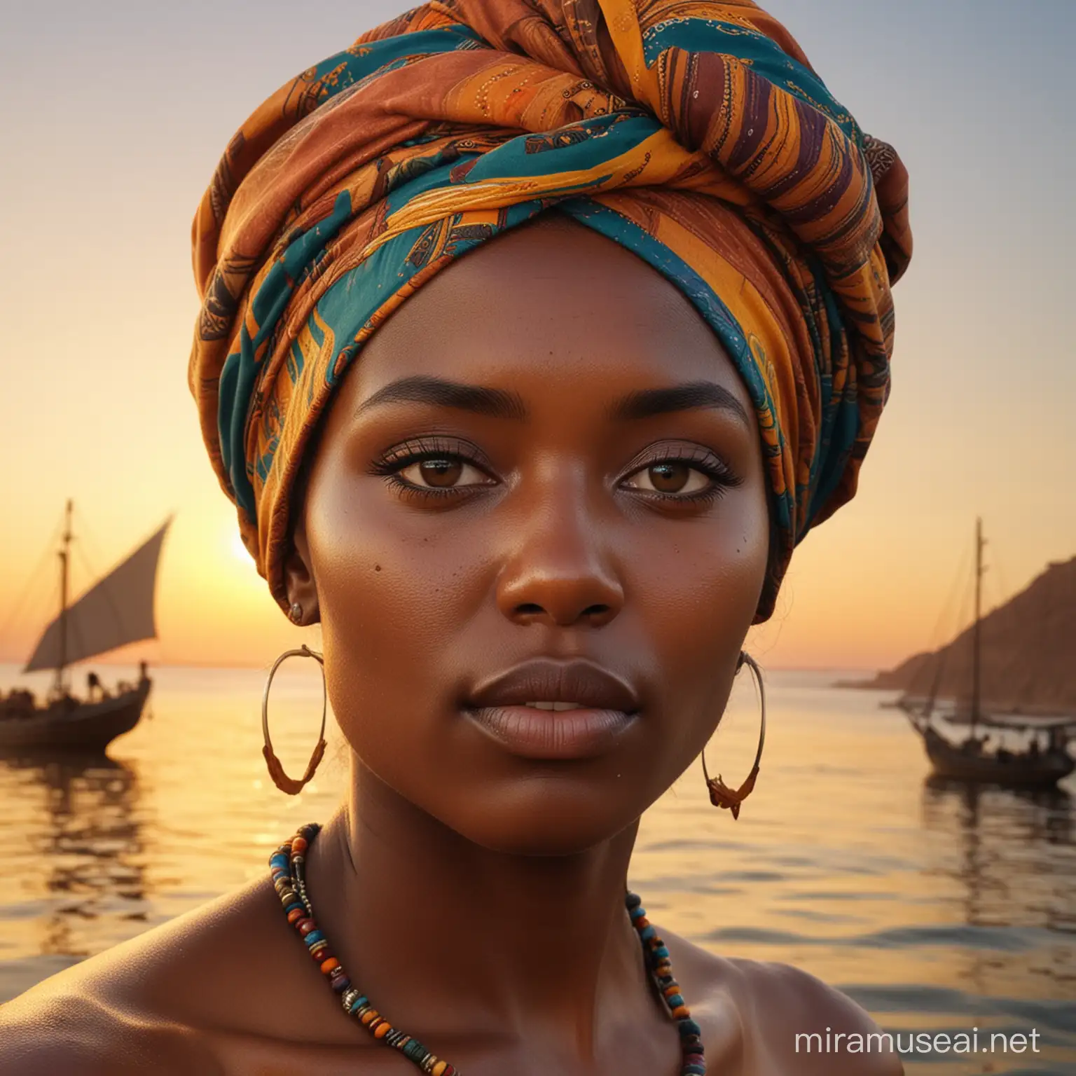 Imagine a portrait of a woman with a vivid, multicolored headwrap. Her face is a canvas for a detailed map of Africa set against a backdrop of a golden sunset and a sailing ship. The warm tones of the sunset highlight the continent's outline and the rich textures of the sea. This fusion creates a poignant narrative, with teardrops running down her cheeks, illustrating the beauty and complex history of Africa. The woman's eyes, rendered with striking realism, hold a reflective and soulful gaze that invites contemplation. The image is a high-resolution render, focused on blending the elements seamlessly for a hyper-realistic and emotive effect, 32k render, hyperrealistic, detailled.