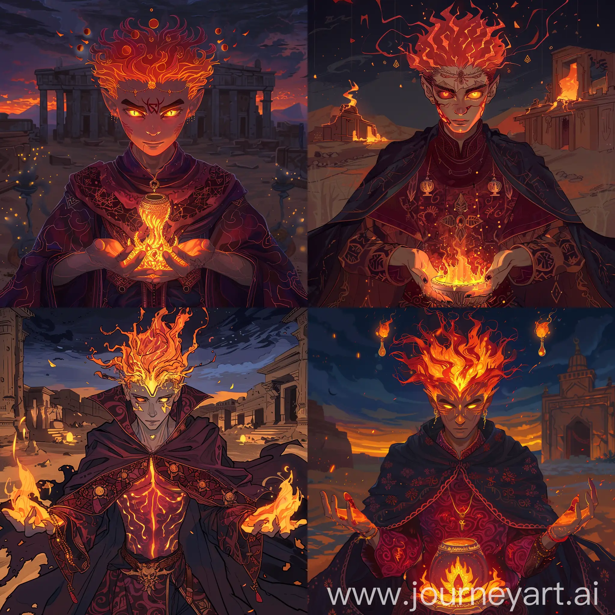 Fiery-Sorcerer-Djinni-with-Genie-Lamp-in-Desert-Temple