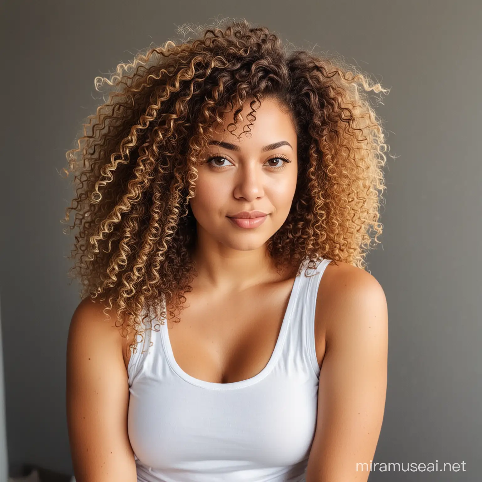 A woman  curvy Curly hair with white tank top