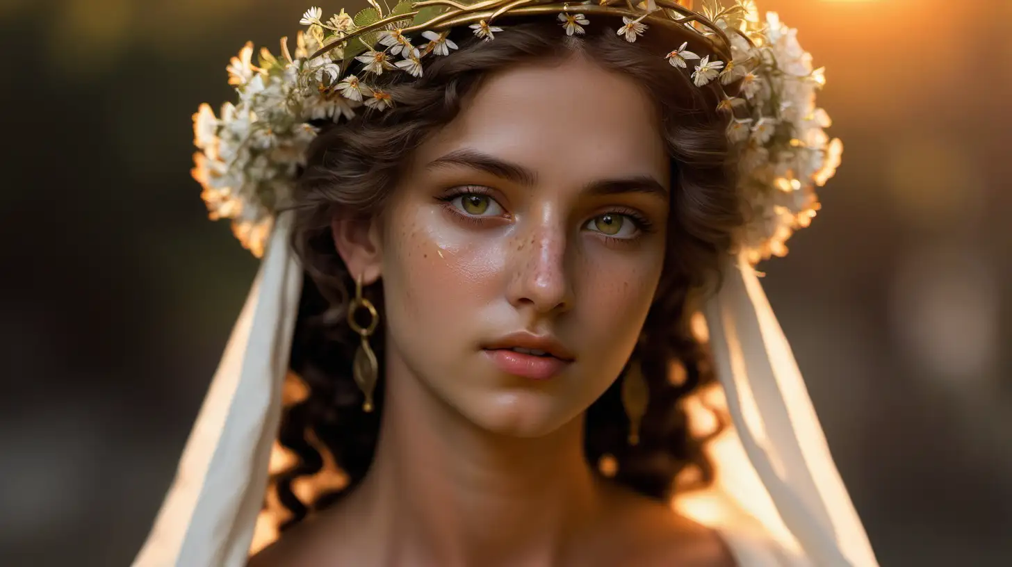  Portrait of a virgin from ancient Rome. Nymph, dancer, angelic face, perfectly proportioned, features of a unique, unprecedented beauty. Matte and tanned skin, it also has a few freckles. The eyes convey kindness and gentleness. Their olive color gives charm to the whole scene. The soft light of the sunset emphasizes the unique and sensual features. On his head he wears a crown of wildflowers. He wears a white, immaculate, semi-transparent tunic. Earrings and other accessories are made of brass