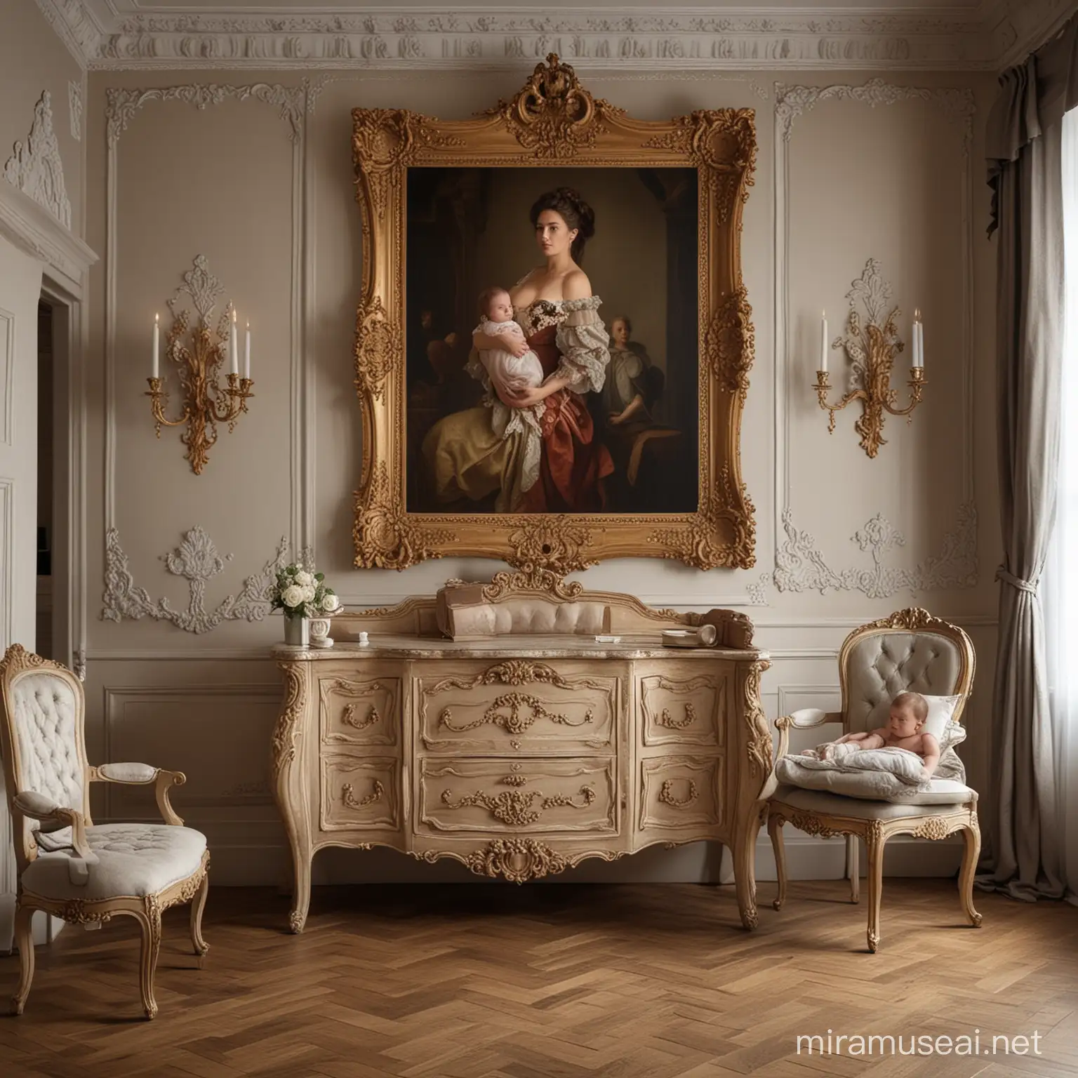 Genera una imagen de estilo barroco con tonos claros oscuros, en donde aparezca una madre sosteniendo a su bebé en la sala de su casa decorada con muebles del estilo barroco.