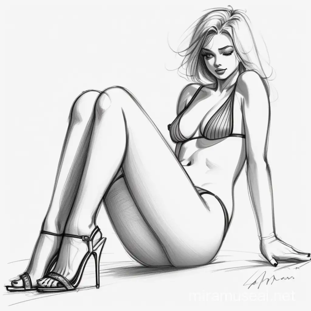 rough sketch, thicker outlines, no shaddows,  laying woman , keeping legs up, in high heels, underwear on legs