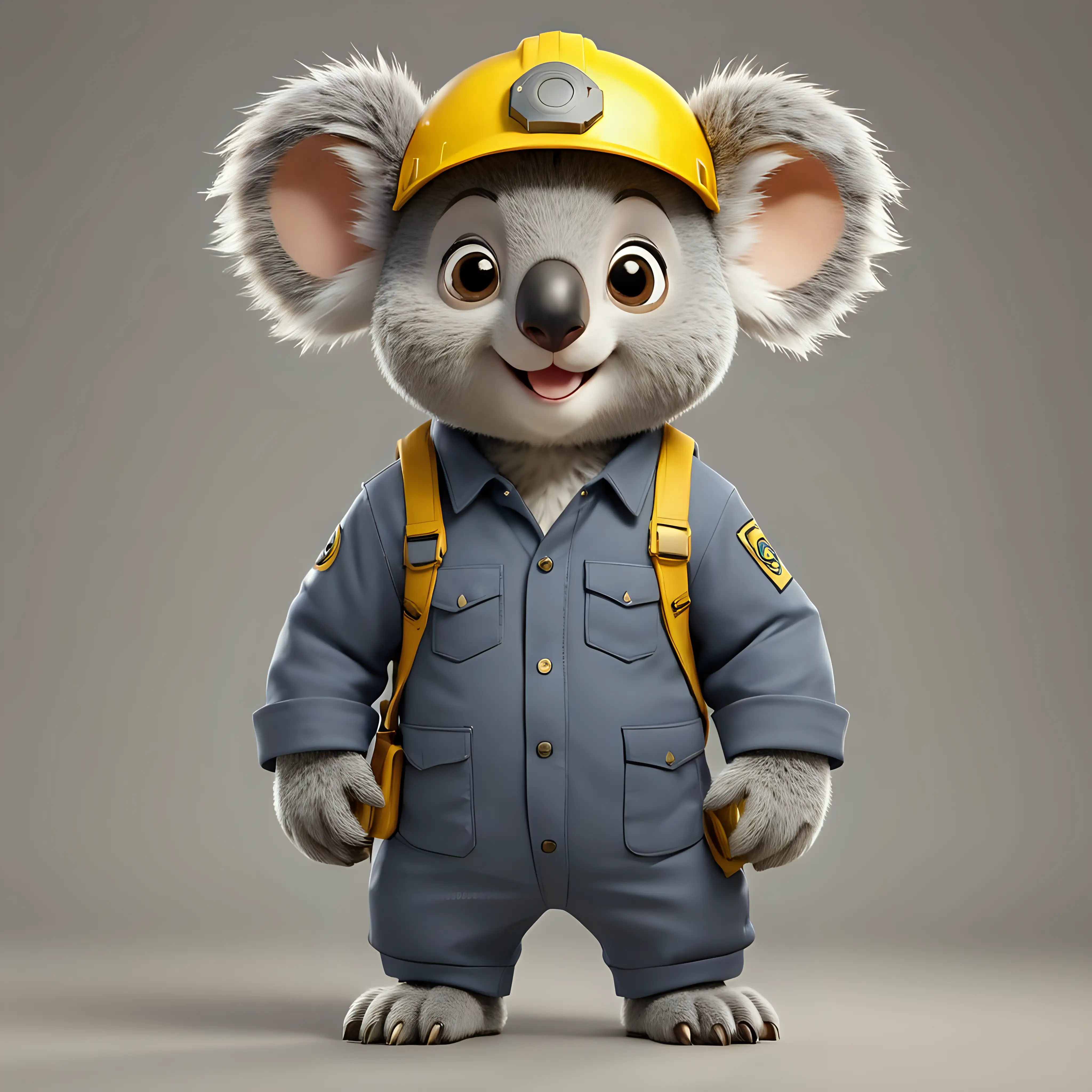 a happy koala in cartoon style in full body with big eyes with Engineer clothes with yellow helmet with clear background