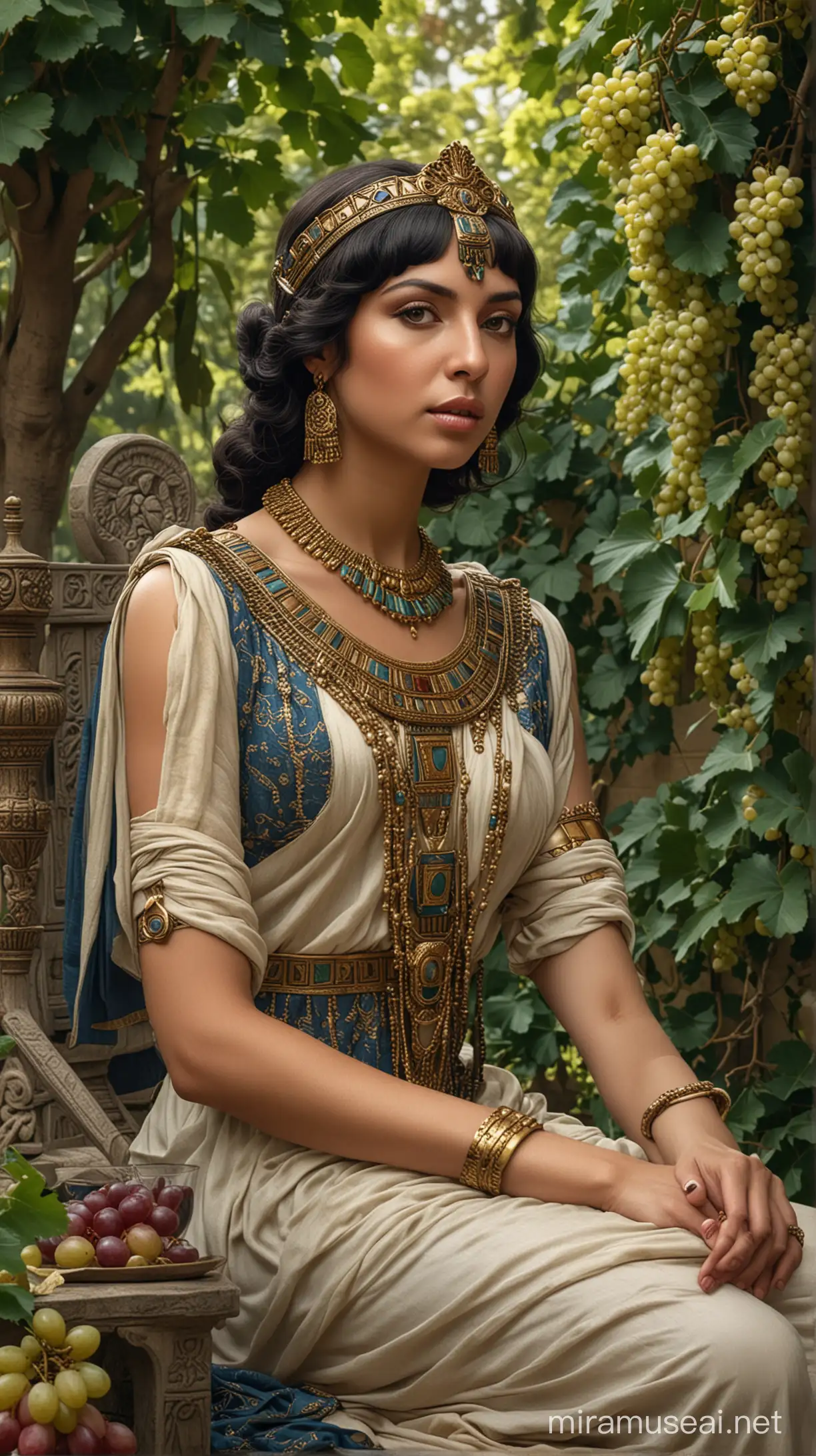 Visualise close look of Cleopatra, the Queen of Egypt, seated in a picturesque garden, enjoying juicy grapes. Servants attentively surround her, offering comfort and aid.. Hyper realistic image.