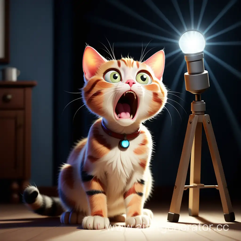 Очень удивленный кот держит в лапах прожектор и ярко светит им.