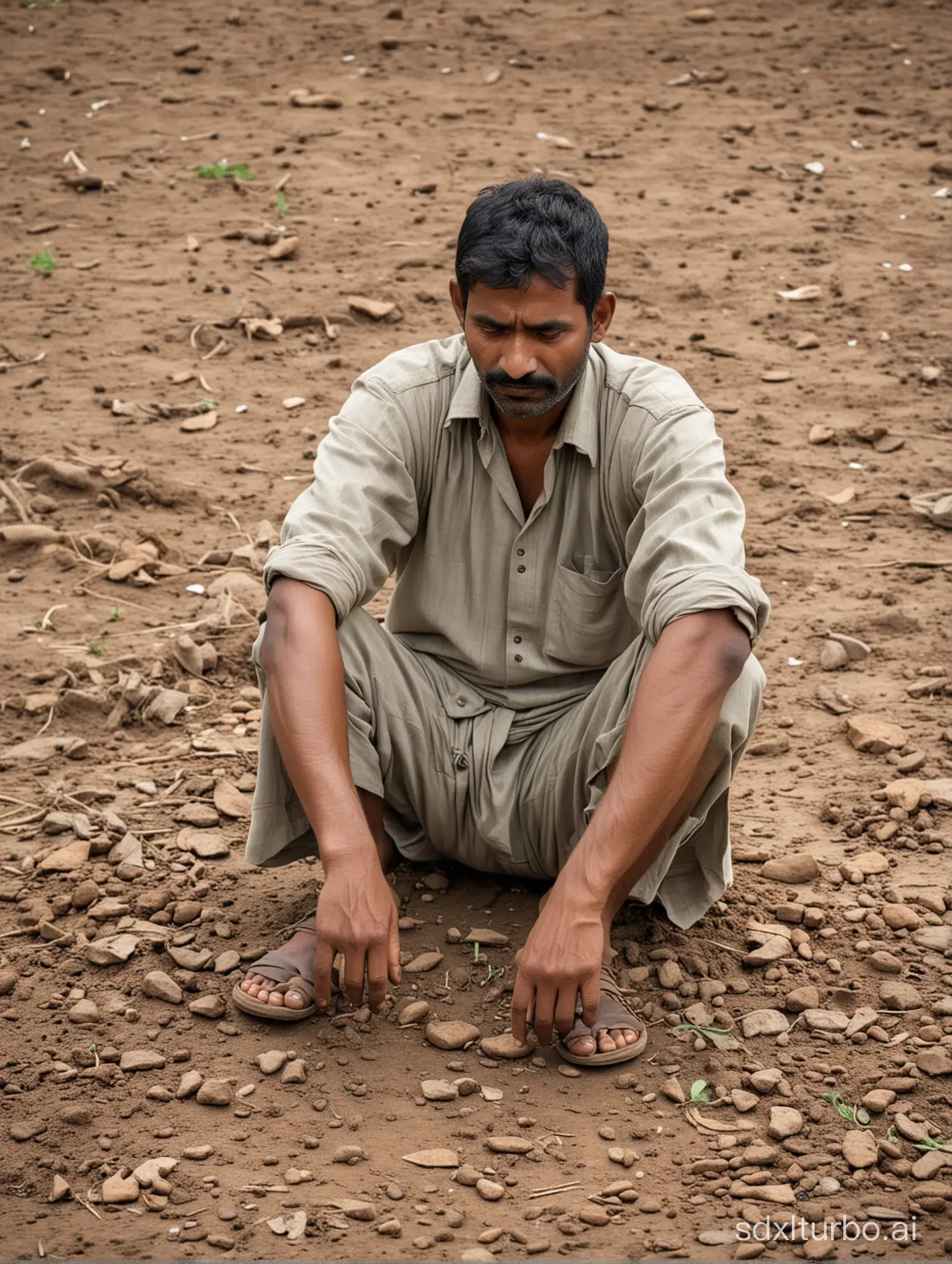 Indian farmer =sad sitting on ground