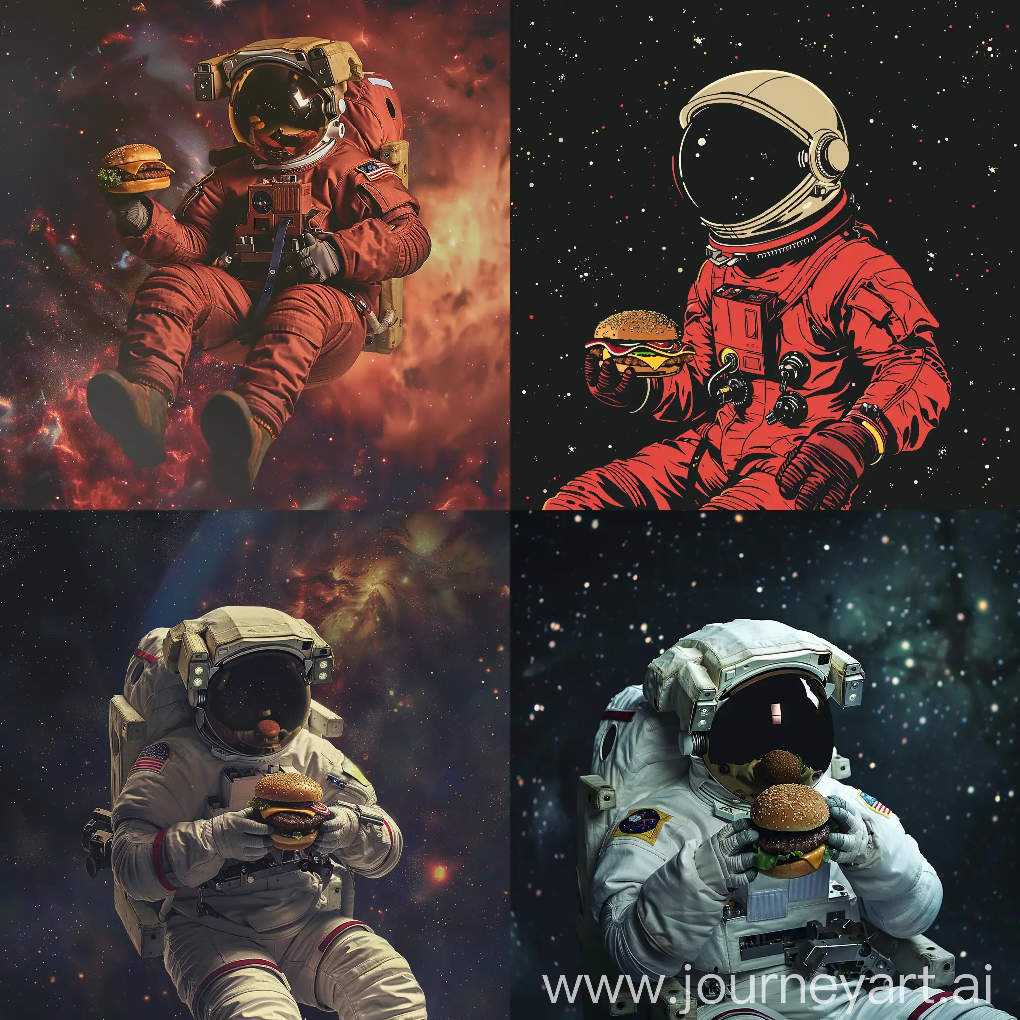 Twice in space eating a burger
