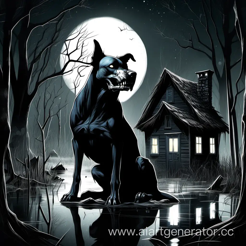 Nocturnal-Swamp-Scene-Illuminated-Skull-on-Black-Dog-by-Small-House