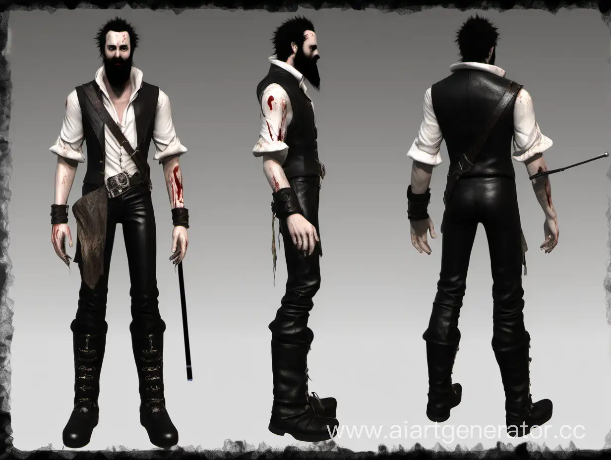 Eugene the Black - the bard  Appearance: height: 165 centimetres, slender build.  Dark hair shaped into a tall mohawk. wide, bushy beard. His left eye is covered with bloody bandage   Clothing - dressed in a white shirt, browm leather pants and black leather vest, and boots.  The instrument he plays is a small metal harmonica