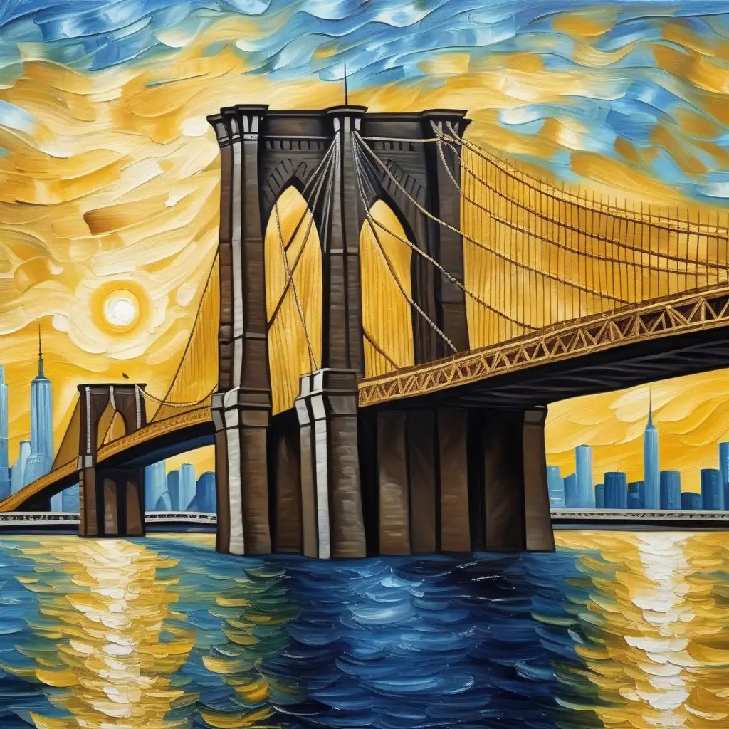 Golden Brooklyn Bridge Van Gogh Inspired Oil Painting