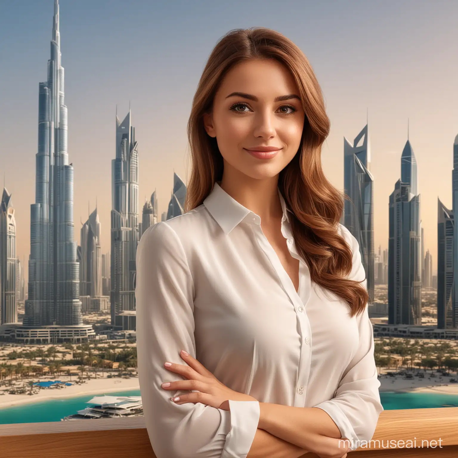 create realistic cute brown-haired real estate agent girl on the background of dubai