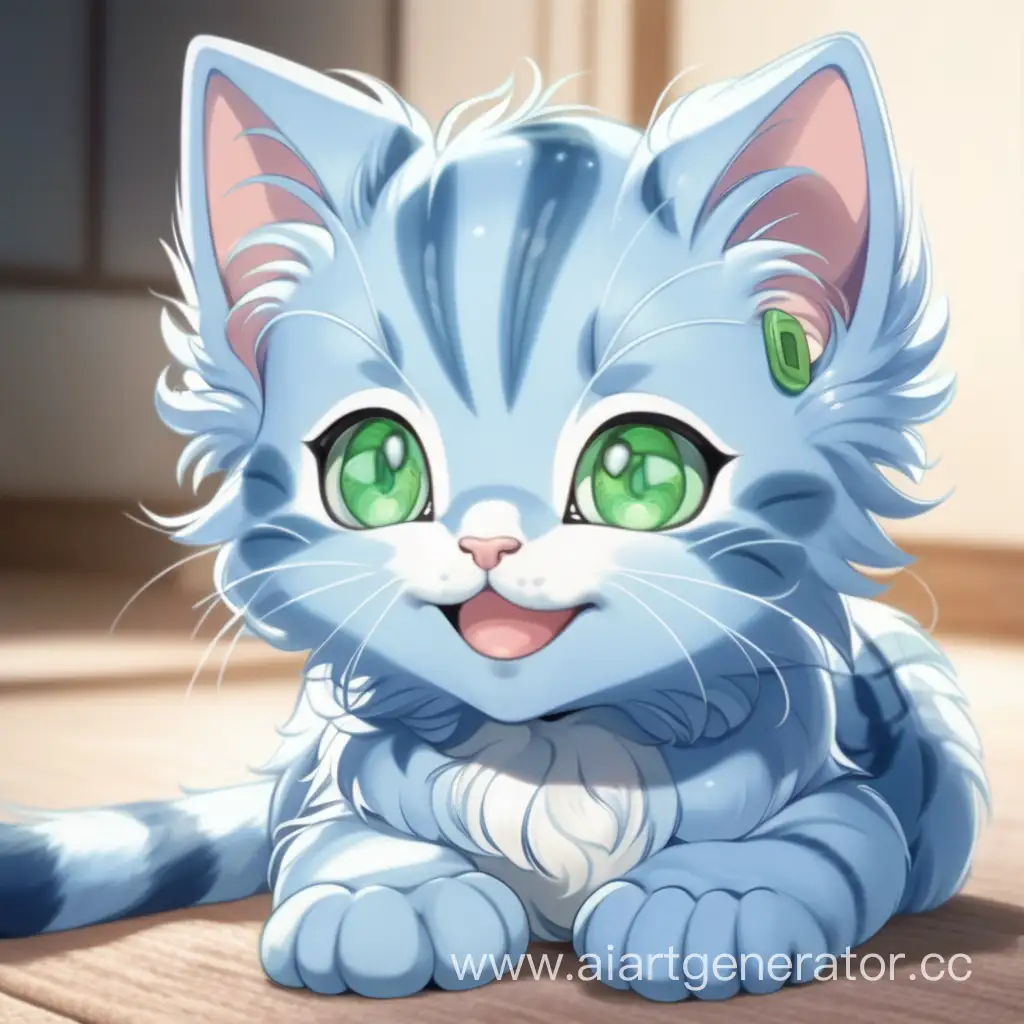 Голубой котик с зеленыии глазами в стиле аниме милый улыбающийся
