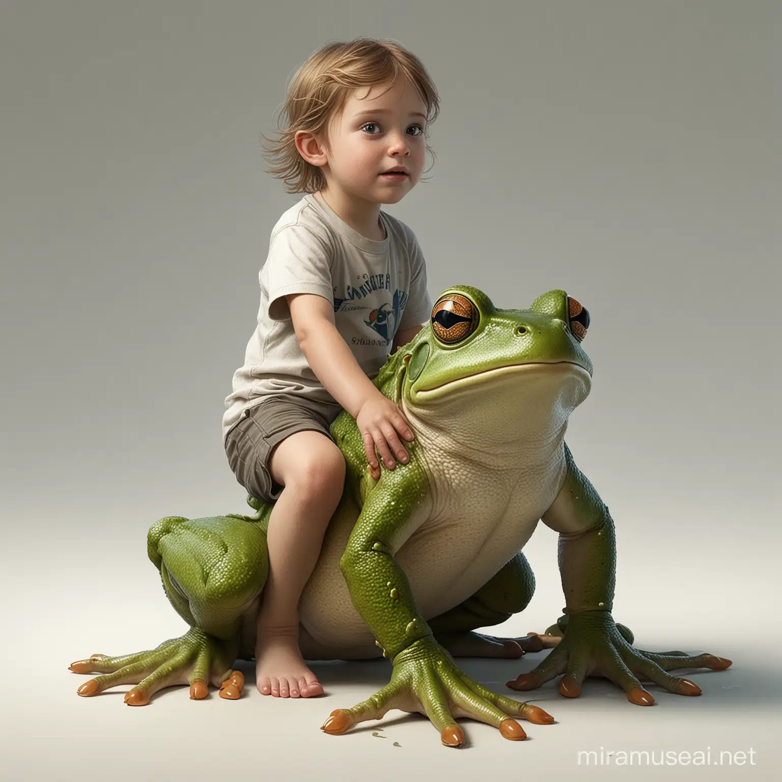 realistic full body shot of a child sitting on a frog,cartoonish, inventive character designs, color settings, 
highly detailed digital art, fixed on white background,  james gurney art --v 5.2 --s 250
