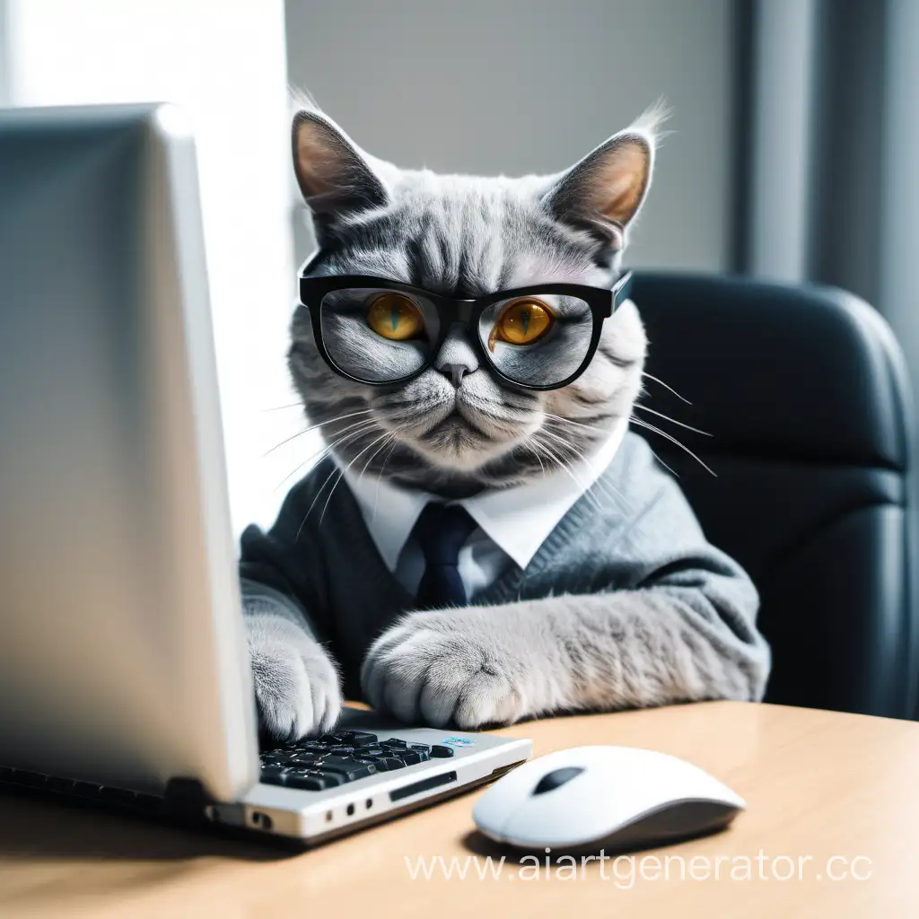 Серый человекоподобный кот с очками за компьютером