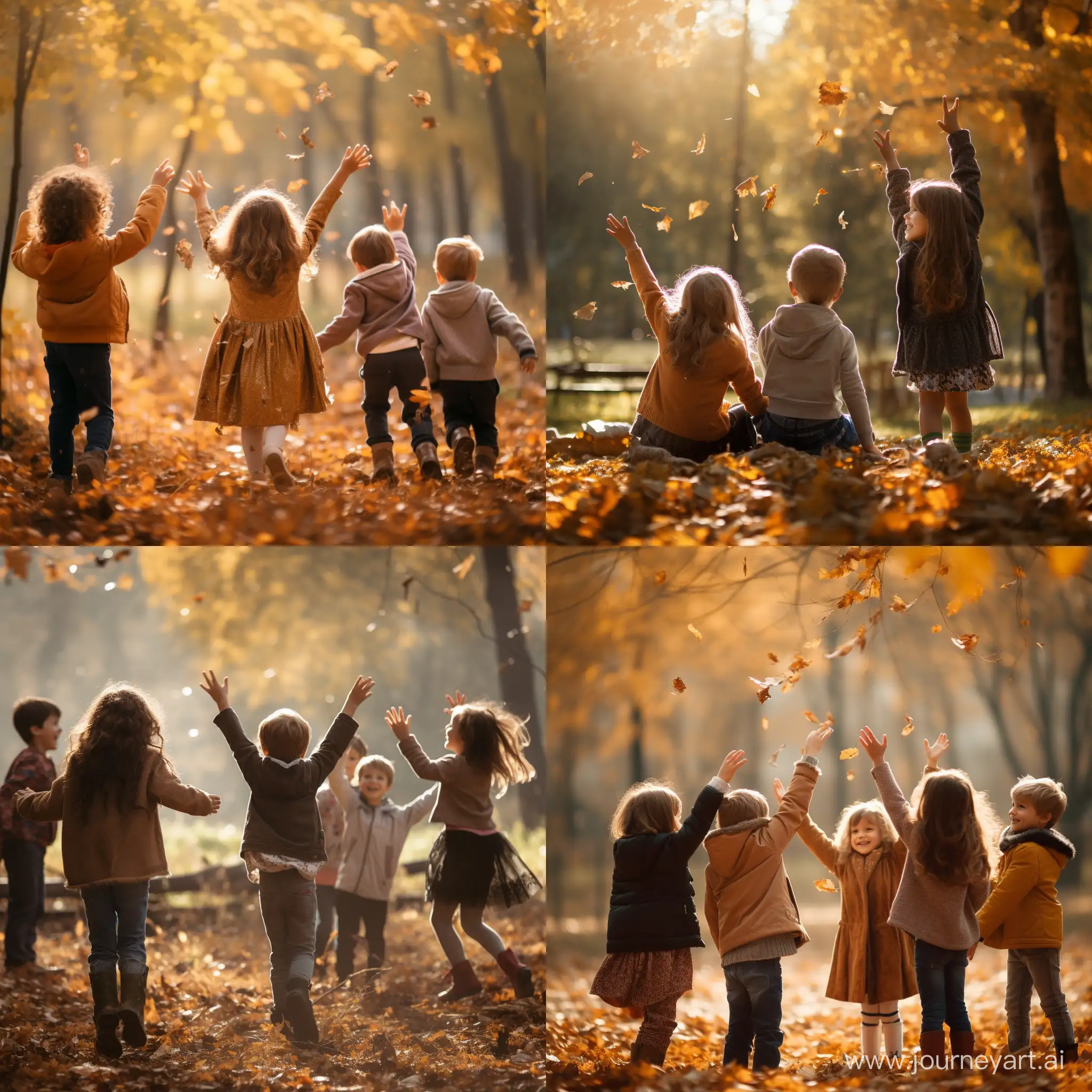 孩子们在秋季公园张开双臂玩耍照片真人