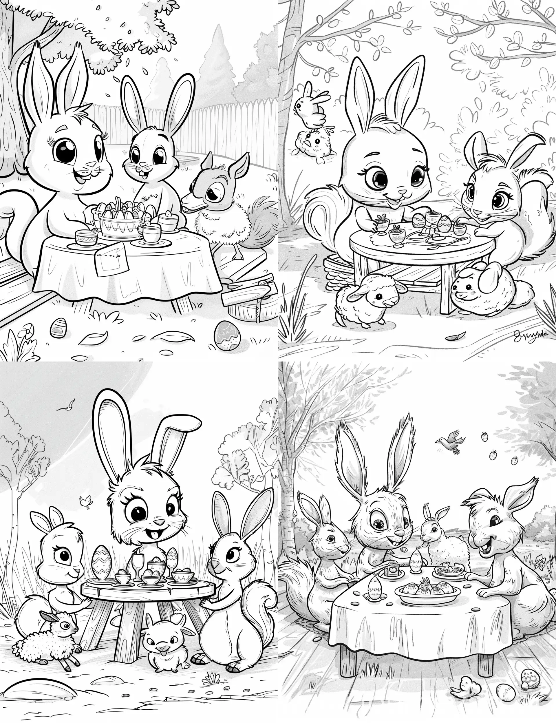 pixar style illustration, cute easter bunny, bird, duck, squirrel and lamb having a dinner party on dinner table outside, big eyes, black and white coloring page, clean lines, 8k, high dof --ar 17:22