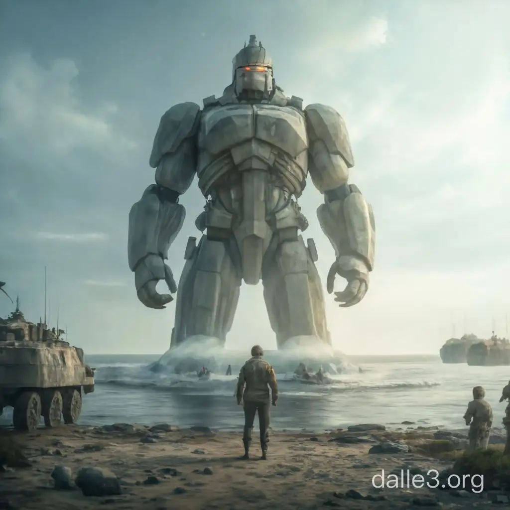 A kilometer-high stone giant standing in the water on the shore surrounded by military and equipment