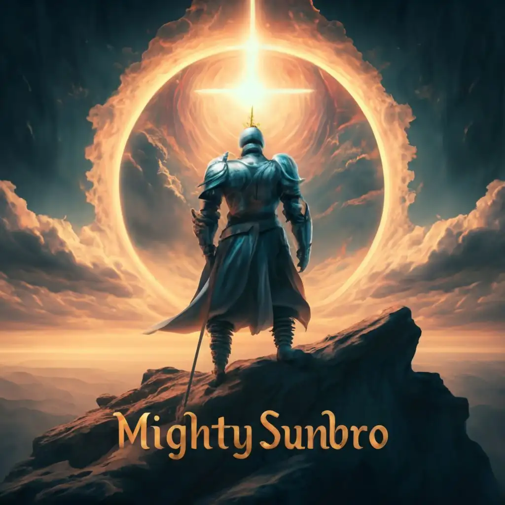 logo, photorealistic knight stands on a cliff in sunlight worships the sun, with the text "MightySunbro", typography