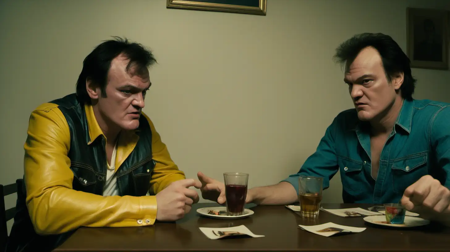 Two guys are sitting at the table at home. Like Quentin Tarantino movies style.