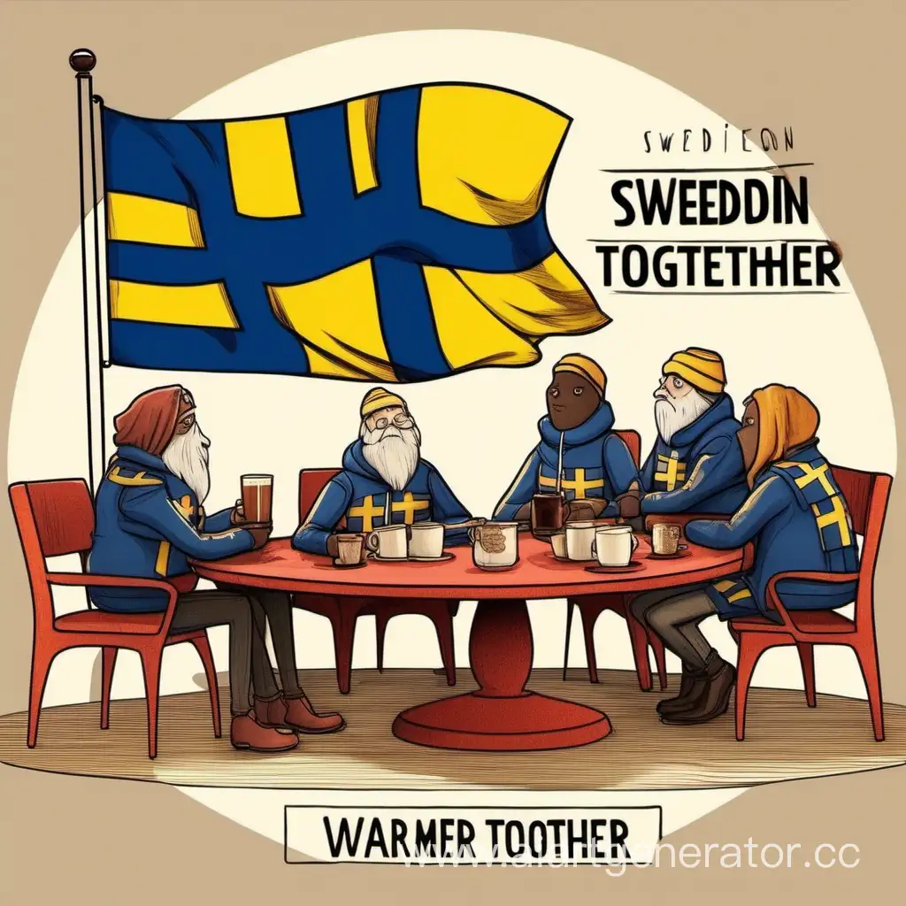 five animated courageous and brutal chocolate bars with a cup of tea are sitting at a round table and negotiating next to it is the flag of Sweden a warm and cozy atmosphere the slogan "warmer together!"