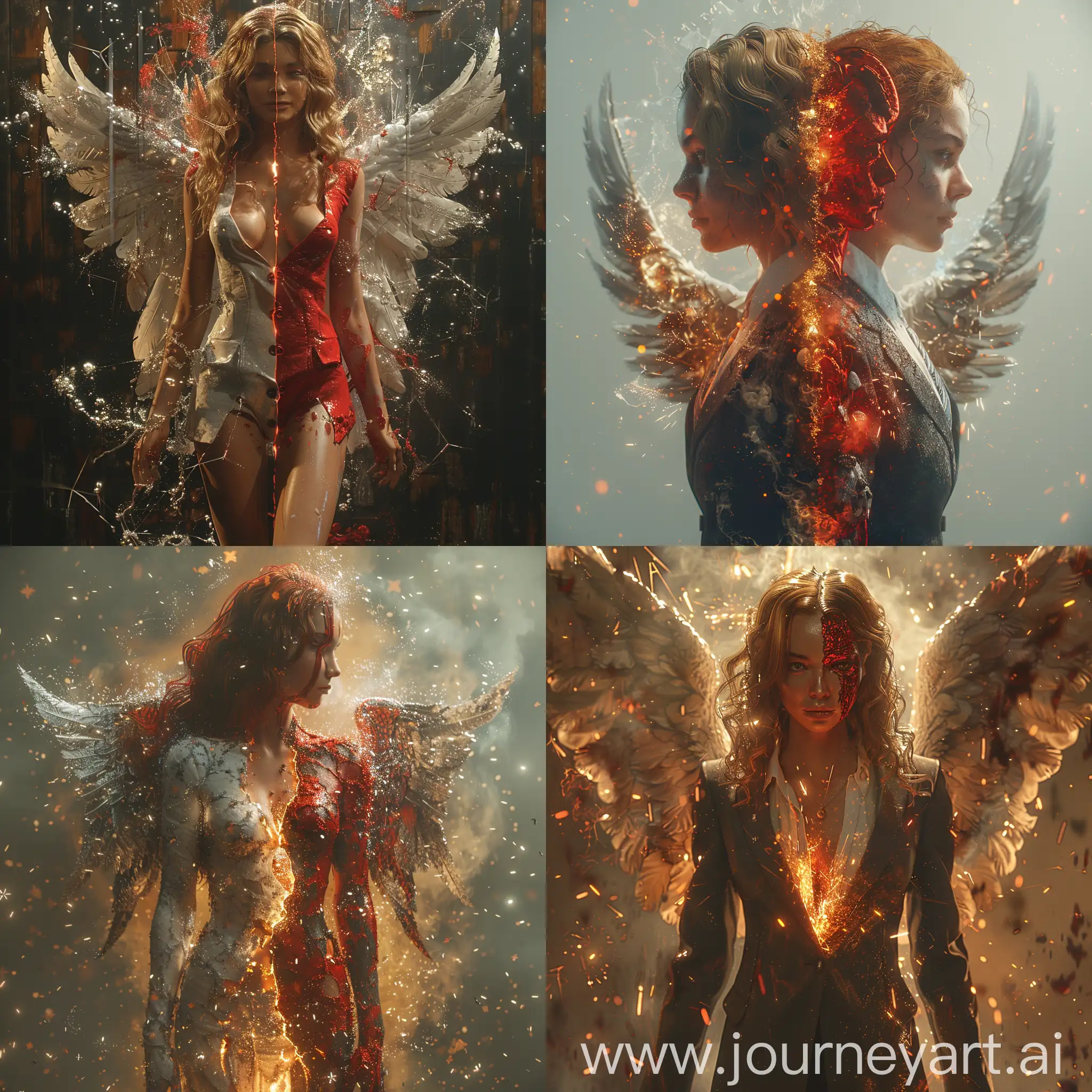 16k Hyperrealistic detailed sharp 3d digital illustration full body of woman split into THREE parts. One part an angel with wings, one part a human, one part a red devil in a suit, dark art. Gorgeously backlit, magic sparks. brushstrokes by Carne Griffiths, C215, Robert Oxley. CGI by Ricardo Salamanca. ZBrush, Octane Render, Unreal Engine 5 render--style raw --stylize 750 
