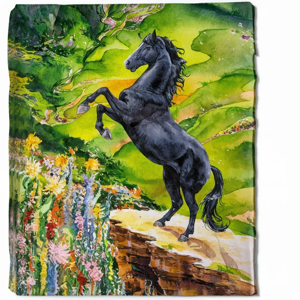 A wonderfully beautiful black horse is standing on a rock ledge, rearing, full of courage and strength, below him is a green valley with the most beautiful flowers, it is a paradise valley, like a beautiful painting, artistically painted, watercolors, Klimt style 