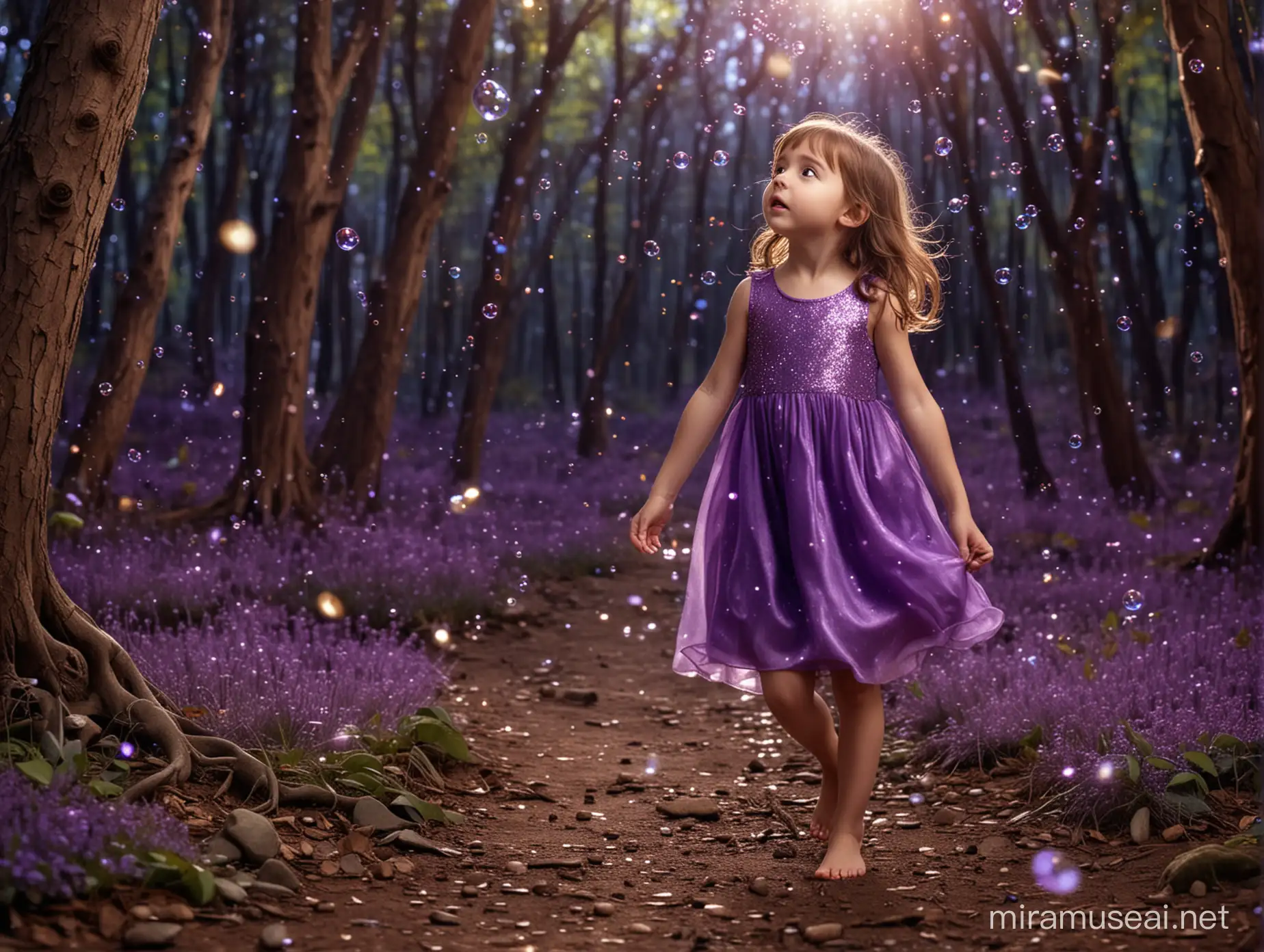 petite fille 6 ans cheveux châtain qui regarde ses pieds nus. Elle a une robe violette sans manches, simple, brillante. Elle a l'air surprise. elle est dans une forêt enchantée magique féérique la nuit lumineuse avec des paillettes qui volent partout, des bulles, des fées. Image fournie en magie
