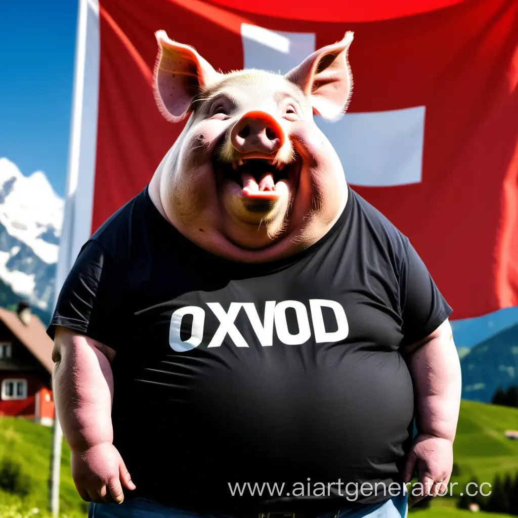 Гигантская расжиревшая свинота, с футболкой на которой на которой написано OXVOID смеется на фоне флага Швейцарии 