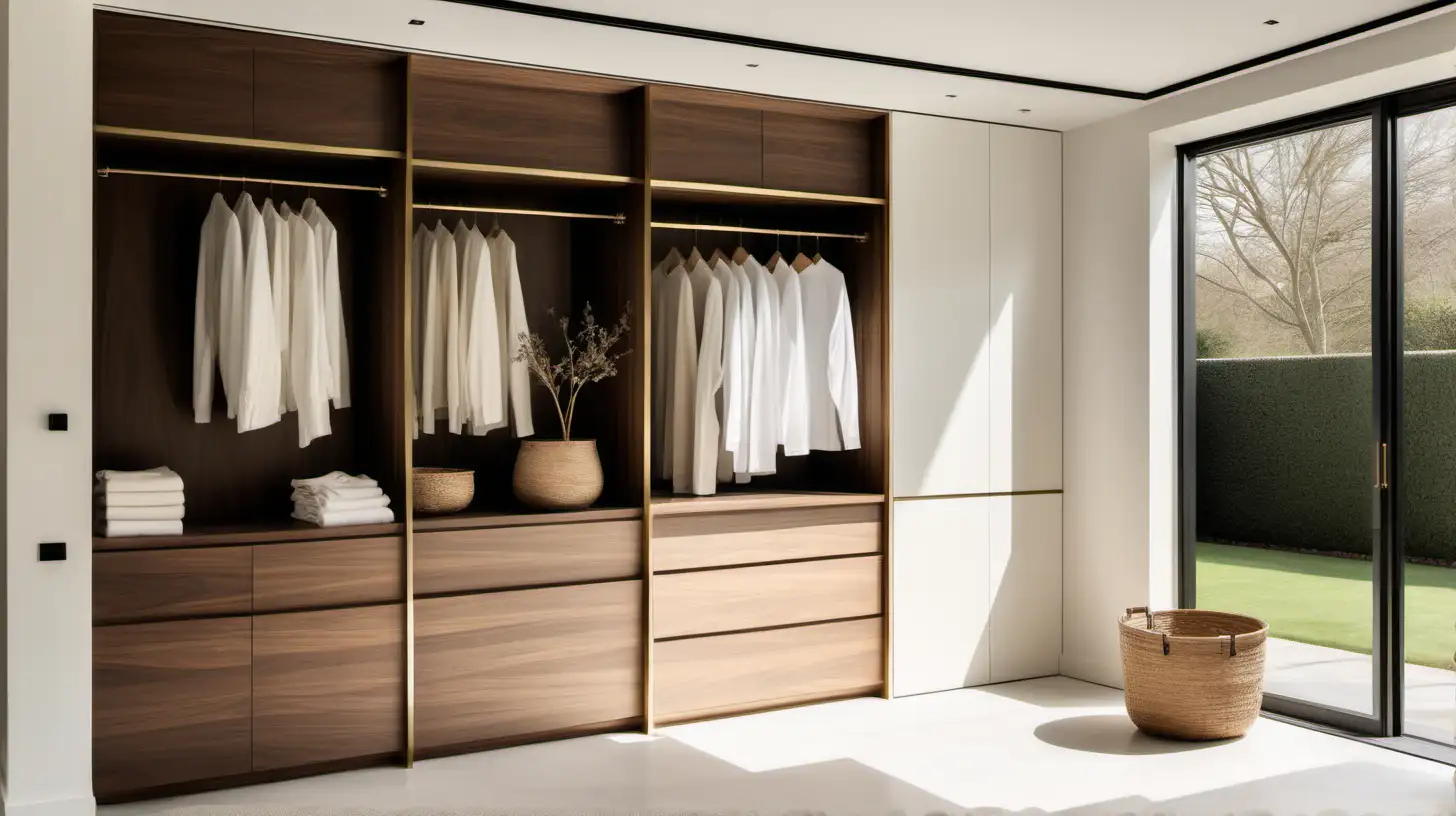 Imagine a large minimalist organic laundry with built-in floor to ceiling cupboards made from walnut wood, a door that opens to the garden, ivory limewashed walls, brass lighting, hanging rack