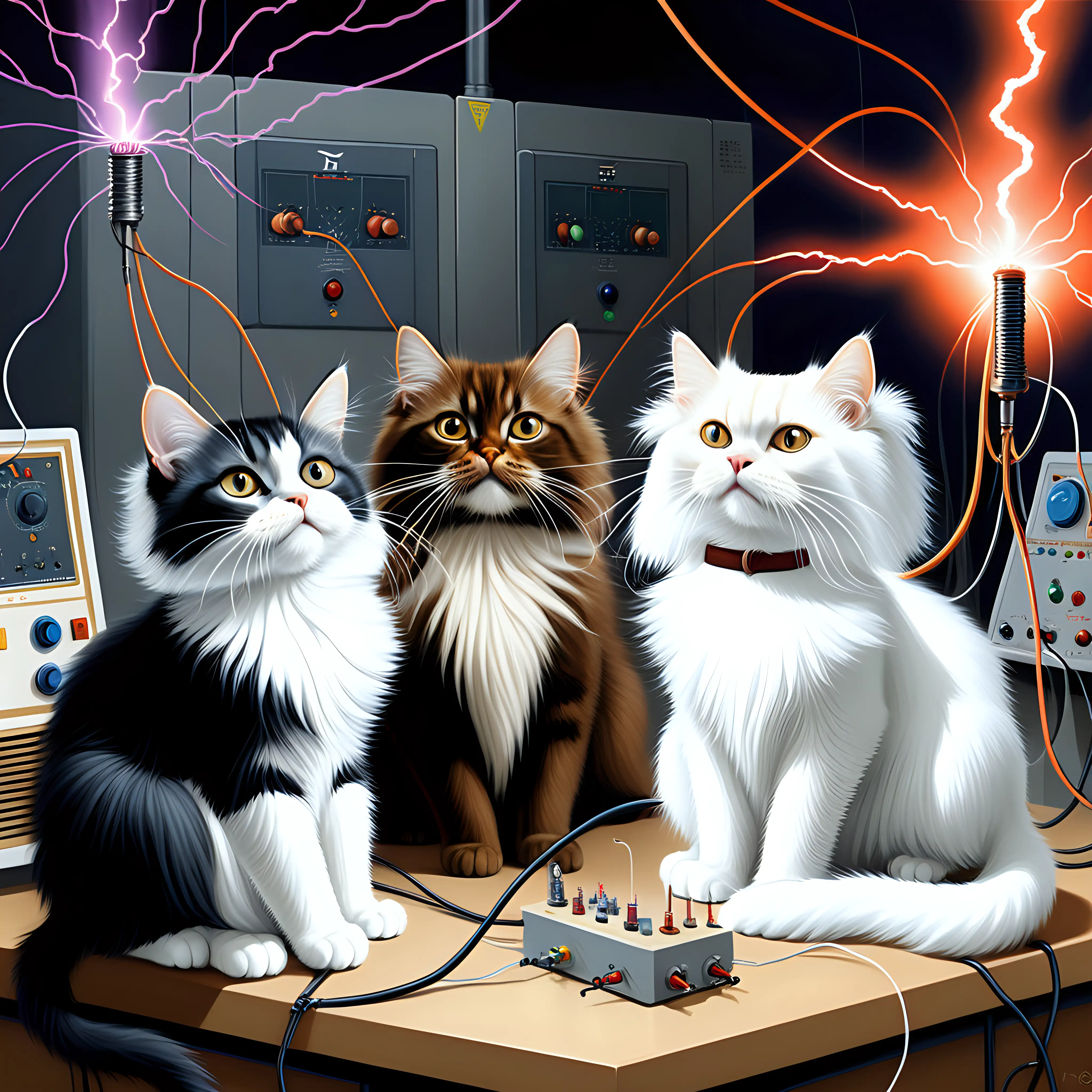 surrealistic painting of 4 cats playing in a electric labo with a tesla coil. 1 cat is shorthaired and white. 1 cat is longhaired and white. 1 cat is longhaired with a white belly, a white chin and al the rest brown colored. 1 cat is longhaired with a white belly, a white chin and al the rest black colored.