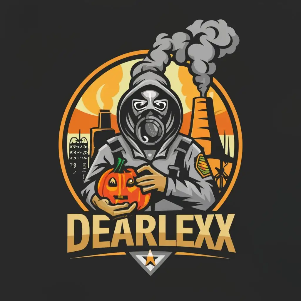 a logo design, with the text 'DearLexx', main symbol: person in a military uniform wearing a gas mask holding a pumpkin with a nuclear power plant in background, Moderate, clear background