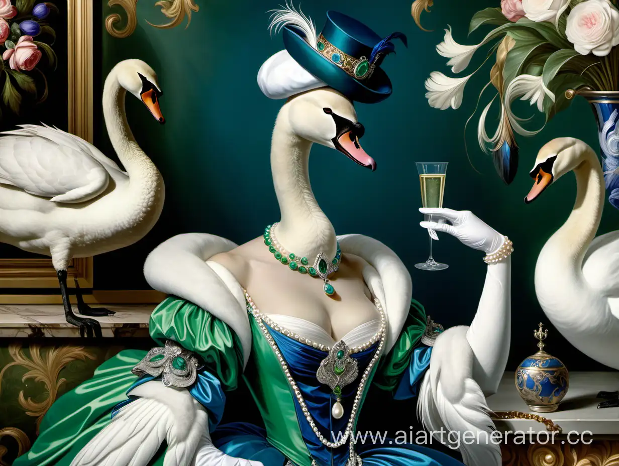 Swans-in-Elegant-Attire-Enjoying-Champagne-in-Floral-Interior