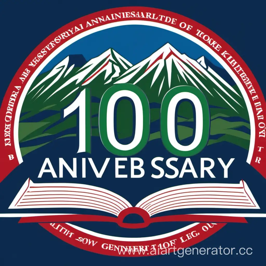 Эмблема к 100-летию КБГУ, с книгой, с горами, в цветовой гамме голубой красный белый зелёный

