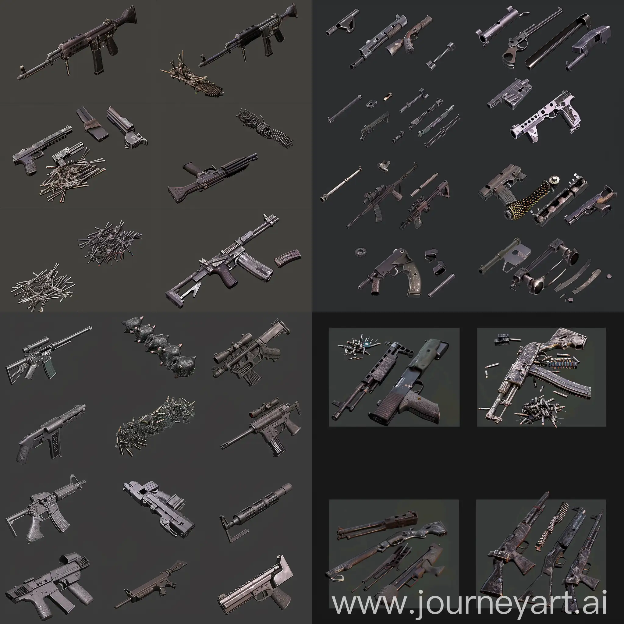 https://i.imgur.com/Z0NW0sA.png realistic photo of isometric set of disassembled gun parts scrap metal bunches worn in style of unreal engine 5 realistic 3d game asset, isometric set, orthographic projection --iw 2 --chaos 15