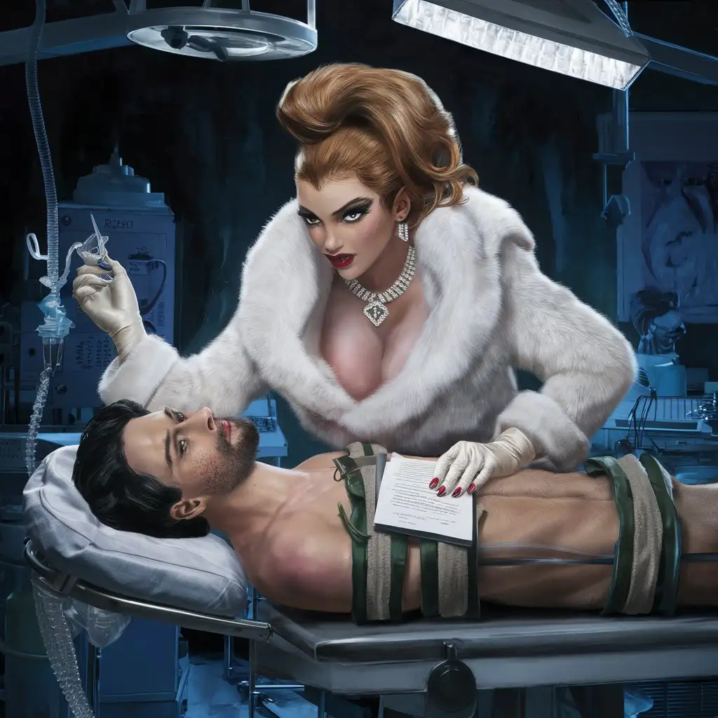 Laboratory, realistic, beautiful busty female gold digger in white fox coat, detailed hypnotic eyes, diamond necklace, big diamond rings, long flowing blonde hair, feeding tube in hand, contract in other hand, leans over handsome male patient strapped to medical table, sultry, seductive.  Realistic