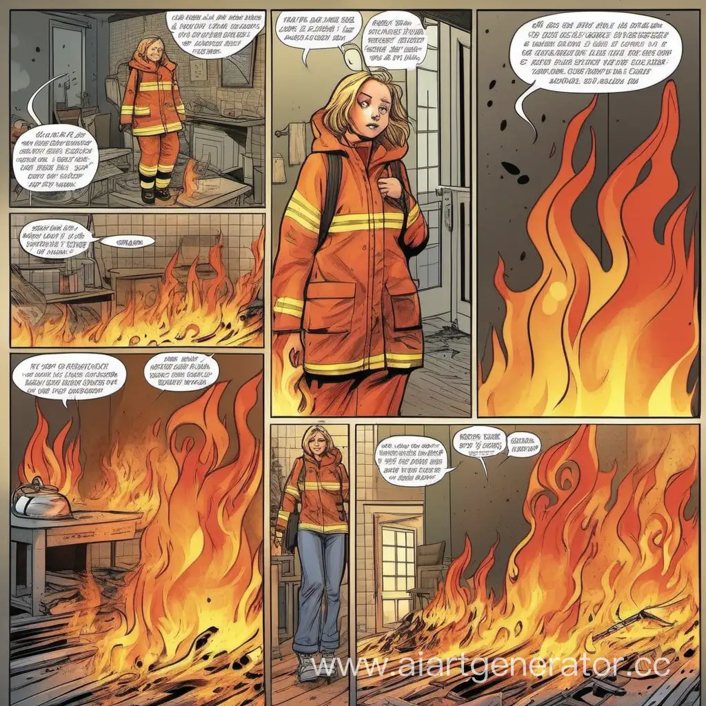 Комикс, девочка Даша спасается от огня в помещении