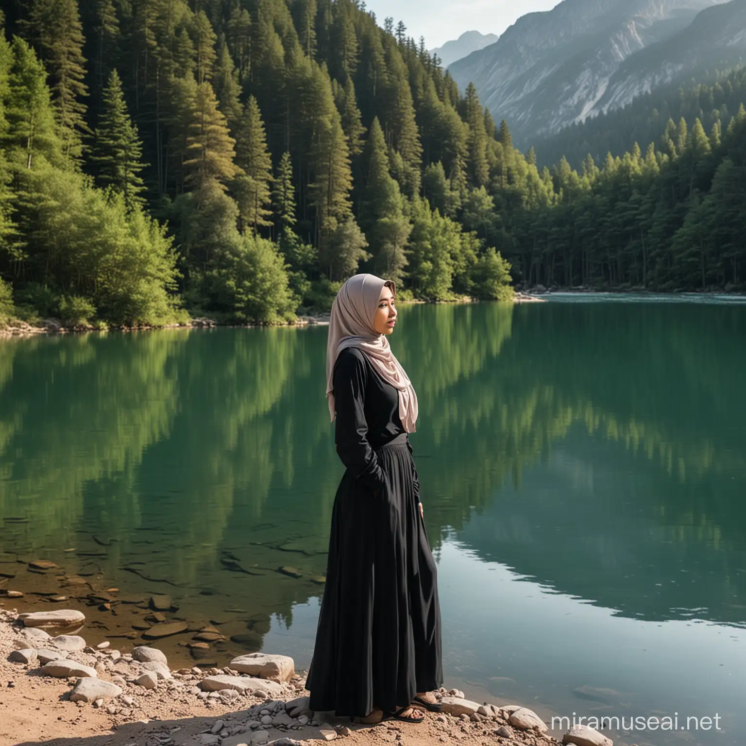 An asian woman wearing hijab, large black shirt, and long black skirt, standing beside beautiful lake, surrounds woods and mountain, ultra hd photograph