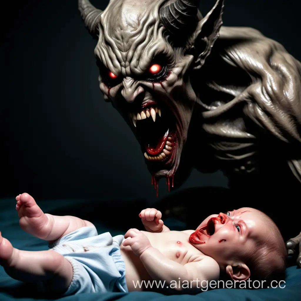 младенец лежит кричит бьет пятками мать и своим криком вызывает страшного демона