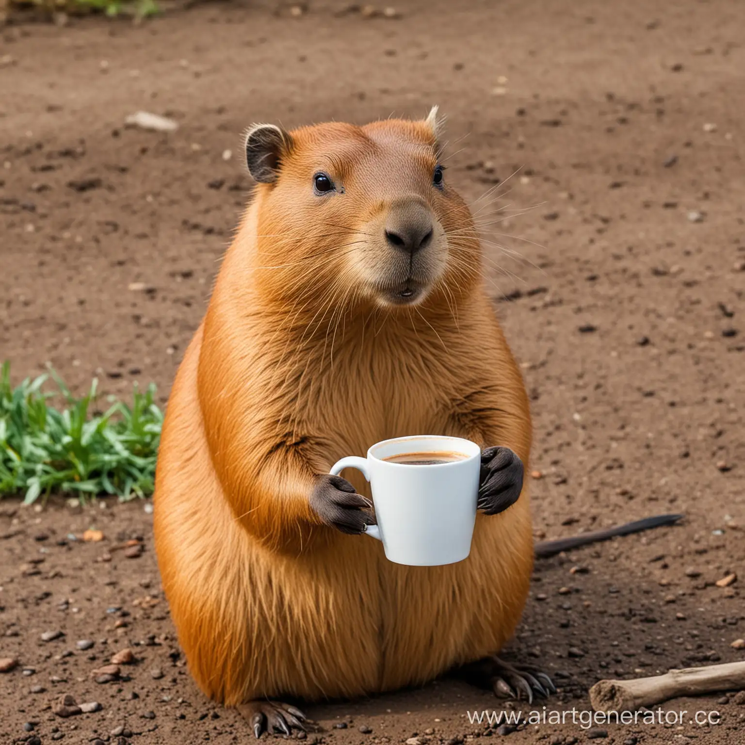 Capybara-Holding-a-Cup-of-Coffee-in-Serene-Morning-Setting