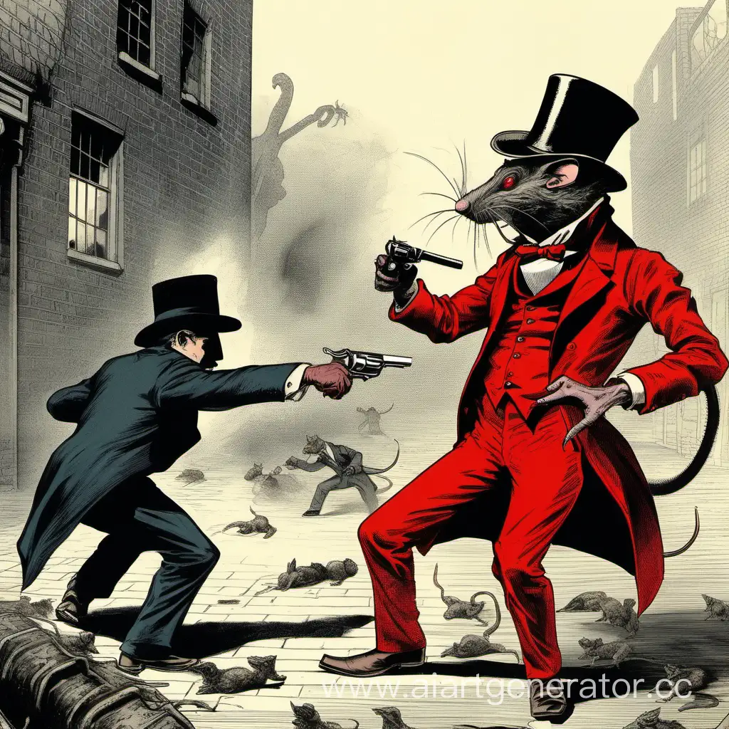 Мужчина с бакенбардами и учасм участвует в дуэли на револьверах с огромной канализационной крысой в красных штанах.