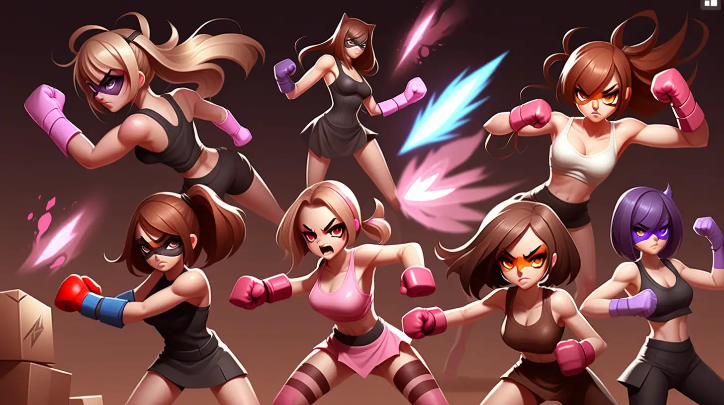 create an original thumbnail for an egirl boxfight pvp with 12 unique superpowers and a brown background and open space on the right half of the screen