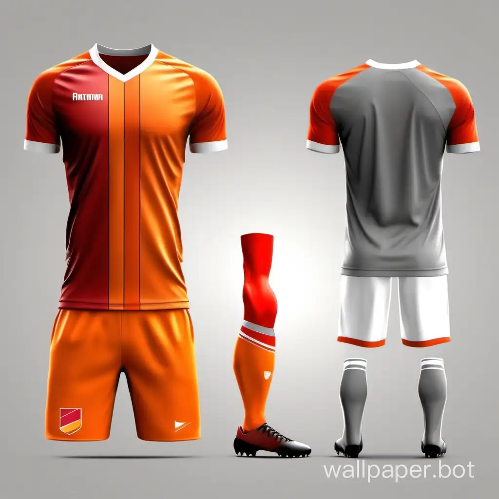 Футбольная форма концепт красно- серо- оранжевая. только верх . Косые полоски на правом плече . белый фон  . вид прямо 