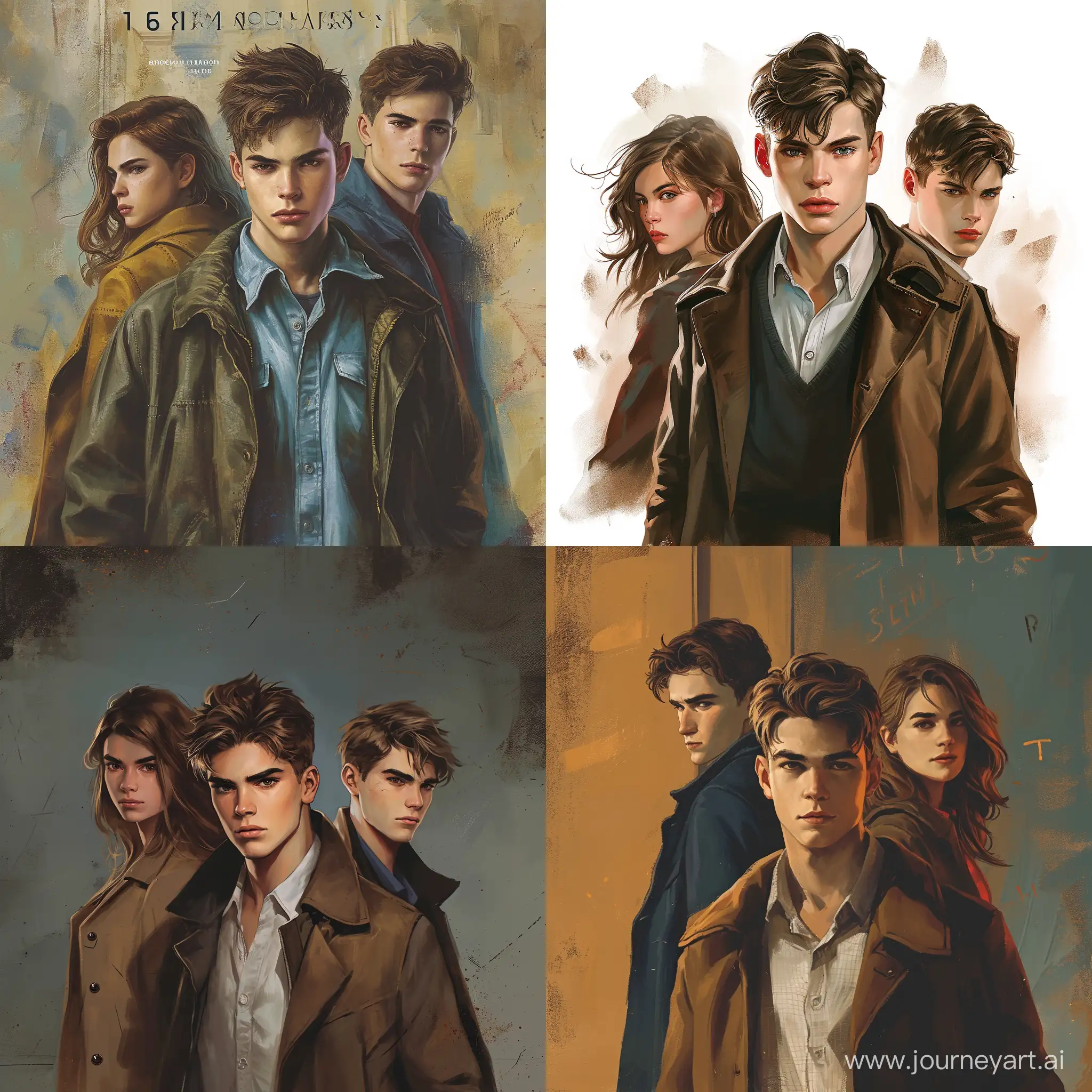 Create a cover for the book. There should be only three main characters in the picture, no inscriptions! In the center is a smart, handsome, serious, but kind teenager, he is 16 years old. Behind his back or next to him is the less intelligent, but very cheerful younger brother of the hero (he is shorter and stouter) and his girlfriend, a beautiful smart sweet girl. The brothers are different, they don't look like each other. The figures and faces of the characters should be as real as possible, as in the photo. The main character's clothing style is a shirt without a tie (or a sweater) and an open coat, while his brother's is typically teenage.